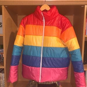 Rainbow stripe Boohoo puffer jacket